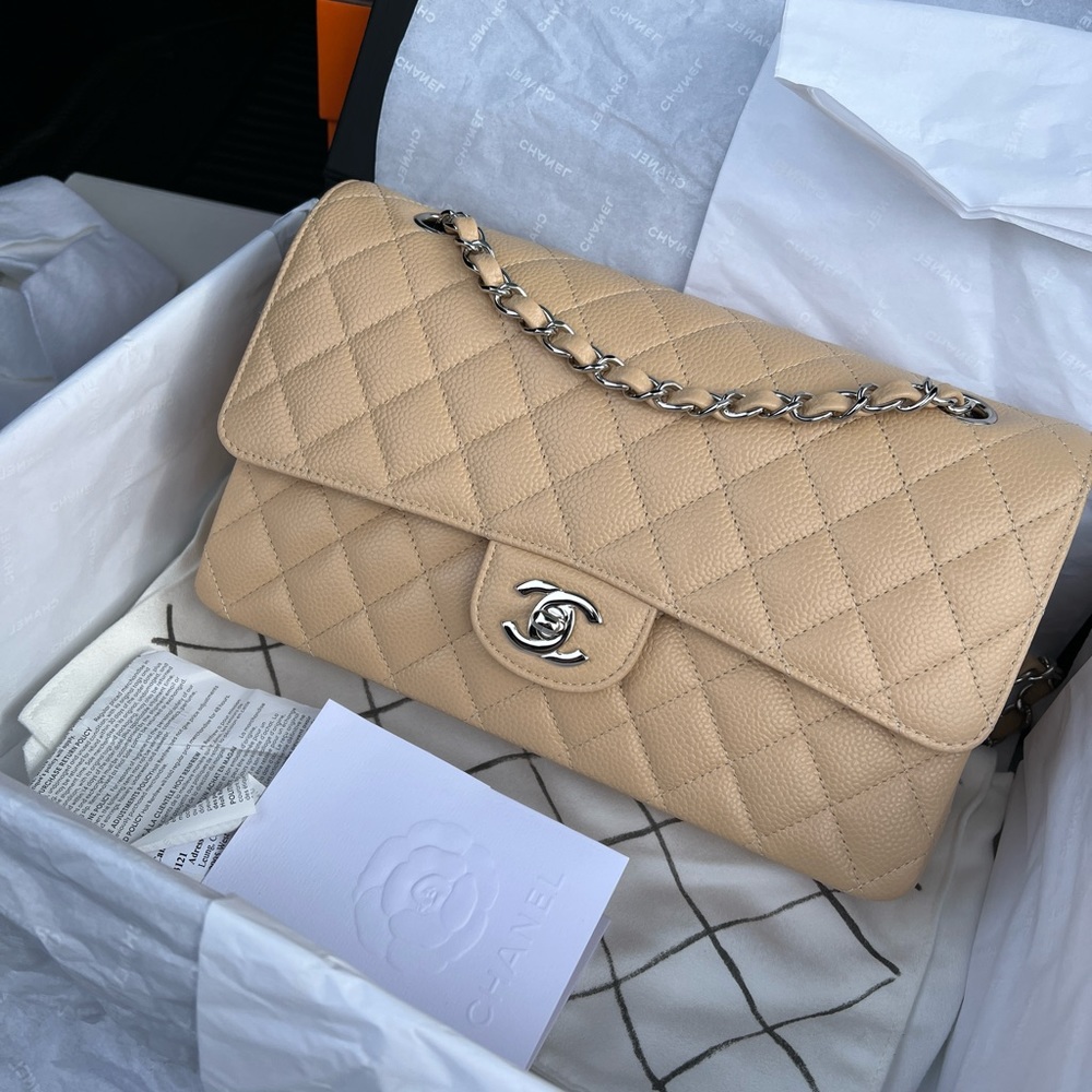 Chanel Medium Classic Flap Beige Caviar Silver Hardware